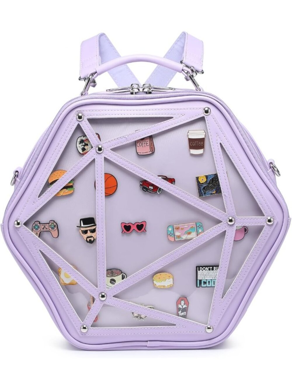 🎃Hexagonal Purple PU Ita Backpack Clear Pin Window Crossbody Purse Anime Fans